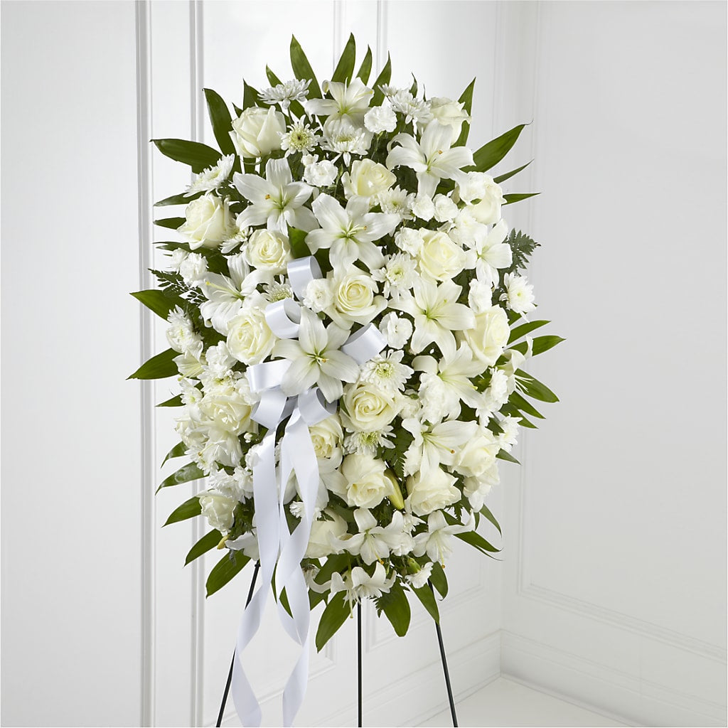 Exquisite Tribute Standing Spray-White Ribbon – Floral Elegance By Jourdain, Inc., Columbia SC